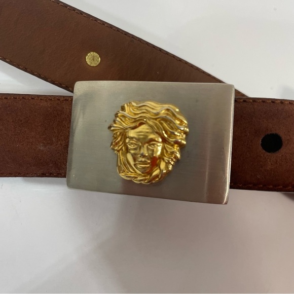 Cale Made In Spain Exotic Leather Gold Medusa Head Embellished Belt Size 26-29 - Picture 3 of 8